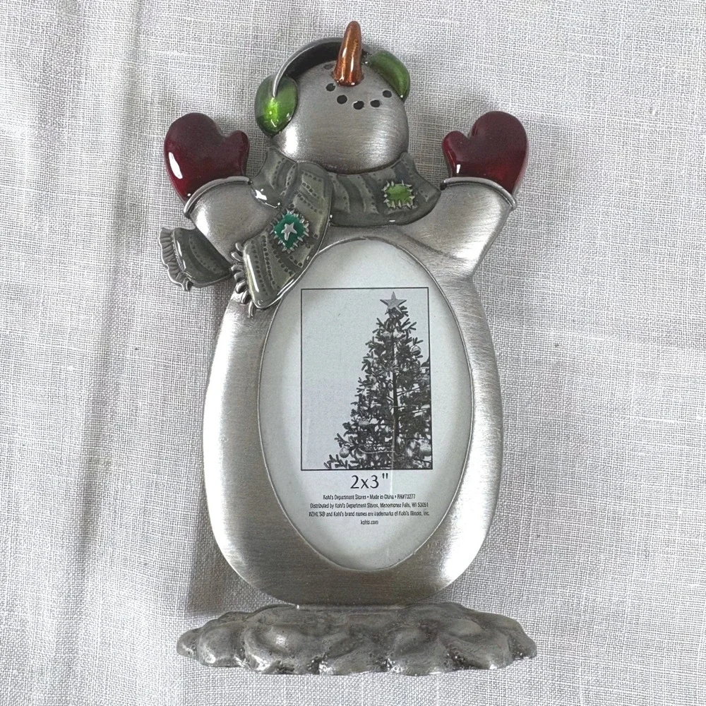 Snowman Pewter Finish Metal 2x3 Picture Frame Holiday Christmas Decor